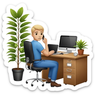 imagen de oficina con escritorio, silla, notebook, agenda y una plata con un cartel que diga FUERA DE OFICINA sticker