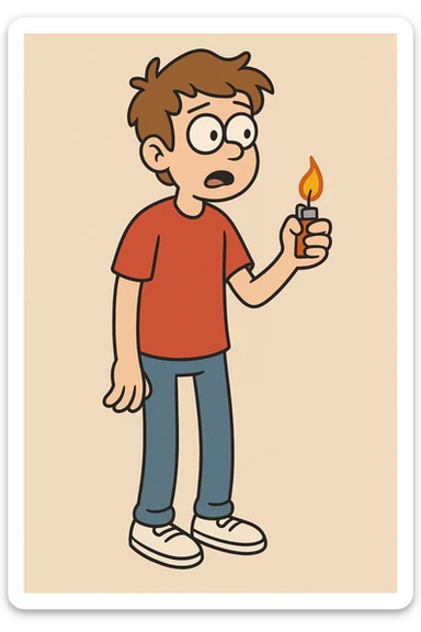 A boy lights brown hair sleeves with Red t-shirts blue jeans white shoes sticker