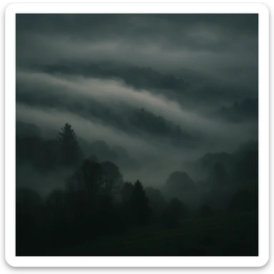 A thick, rolling bank of mist, enveloping a landscape, with soft edges and a moody, cinematic atmosphere. sticker