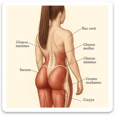 Create a realistic anatomical view of the female gluteal region identical in posture, proportions, and hair to the reference photo. Highlight the gluteal muscles (gluteus maximus, medius, minimus) and main anatomical structures in a medical illustration style with a neutral background. sticker