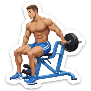 side-view bodybuilder in blue shorts seated weighted calf-raise machine on his tip toes sticker