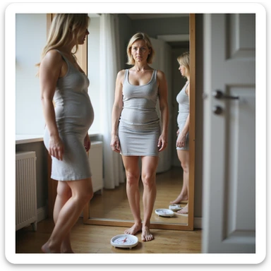 adult woman, photorealistic, yo-yo diet, standing in front of mirror with two different dresses (one larger and one tighter), confused expression, scale on floor with oscillating arrow, natural light, bedroom background sticker