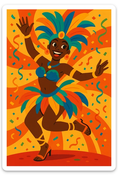 Black samba dancer, energetic pose, vibrant costume, joyful expression, festive atmosphere sticker