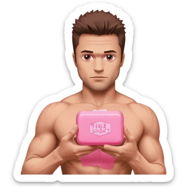 Tyler Durden, holding pink soap like the fight club poster sticker