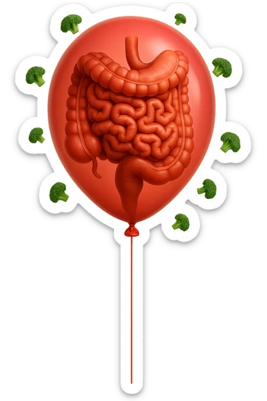 palloncino con intestino umano anatomico all'interno, attorno al quale fluttuano dei broccoletti, iperrealistico 4k sticker