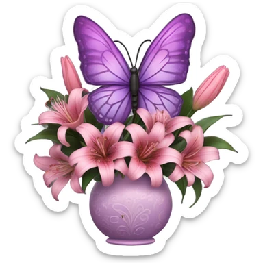 Aesthetic butterfly with purple and pink wings sitting on a dark purple bouquet of Lilies in a pastel pink vase sticker