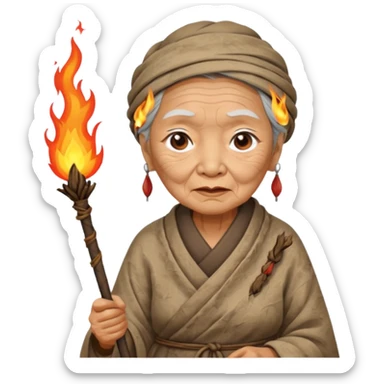 ancient asian old woman, tattered leaf cloth, hold fire stick sticker