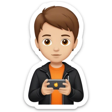 Boy with brown hair with tech in hand, orange t shirt and black jacket sticker