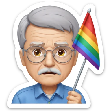 make old old man like 80 with gray hair and fur has HUGE EYE brows and glasses and is always mad and gay holding the rainbow flag sticker