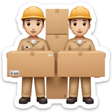 two suppliers standing together holding a big box, both wearing caps and work uniforms sticker