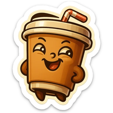 Tall coffee cup, amused, giggling, mischievous, drinking coffee with straw, looking sideways sticker