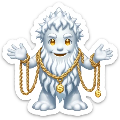 Snow elemental shaped more like a human—think tall, jointed limbs, maybe even facial expressions made of snow flaunting money wearing gold rope chain sticker
