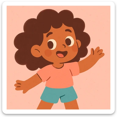 menina parda com cabelos cacheados, cute cartoon style, soft colors, adorable sticker