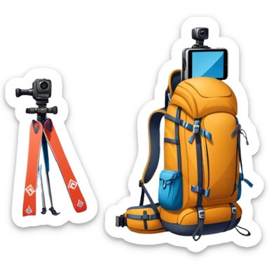 Icon for Mountain Tourism: a snow-covered peak in the distance, with skis, a snowboard, climbing gear, a backpack, and a camera. The icon should represent the adventure and exploration of mountain landscapes. Transparent background. sticker