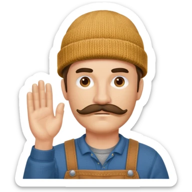 Woodworker thick mustache knit cap Carharttk shirt hand raised above head sticker