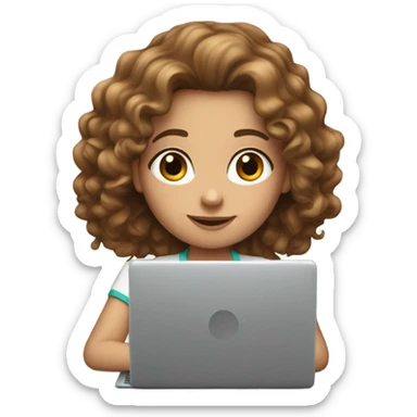 white girl with long brown curls working on her laptop sticker