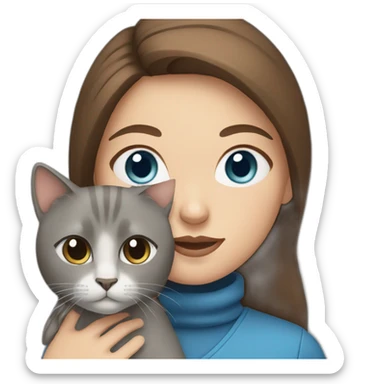 Woman with brown hair and blue eyes hold a grey cat sticker