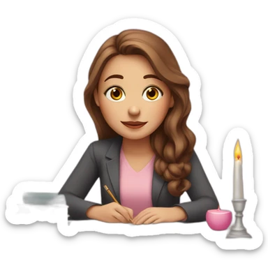 white girl with brown hair lights pink candles and studies at her desk sticker
