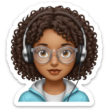 Chica morena con cabello crespo, con lentes transparentes y que tenga los ojos cafés oscuro. Y con unos audífonos en las manos. sticker