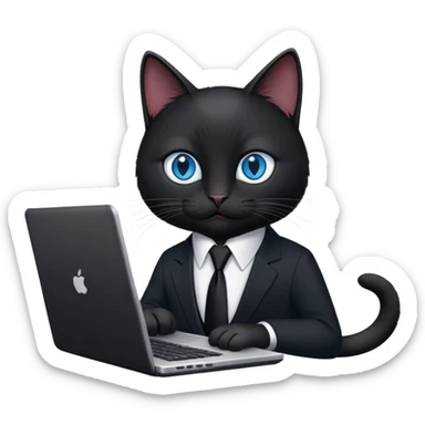 black cat with blue eyes in a black suit with black tie and laptop sticker