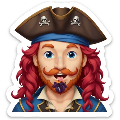 pirate with long curly red hair, blue eyes, strong nose and a chin dimple winking and licking his mouth seductively, no facial hair sticker