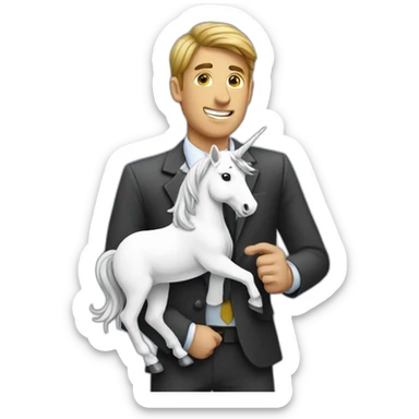 A corporate guy with paper in his hands riding a unicorn that has paper in its mouth sticker