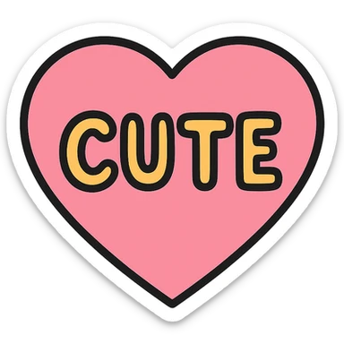 pink heart with the word CUTE in playful font, color outline icon style sticker