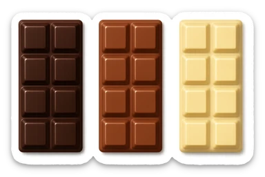 3 emoji stile iphone di BARRETTE DI CIOCCOLATO, UNA FONDENTE, UNA AL LATTE E UNA BIANCA, CON OMBRA REALISTICA, VISTE DALL'ALTO, IPERREALISTICO 4K sticker