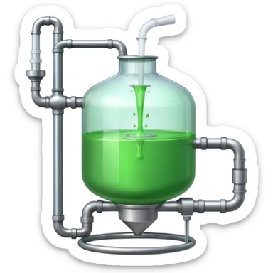 industrial chemical tank, filled with green liquid, with a stirrer, inlet and outlet pipes sticker