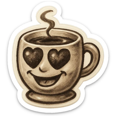 Ink wash style, coffee cup creature, big heart eyes, dopey smile sticker