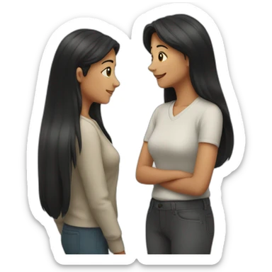 2 women standing talking, an older one receiving advice from a younger one with black long hair sticker