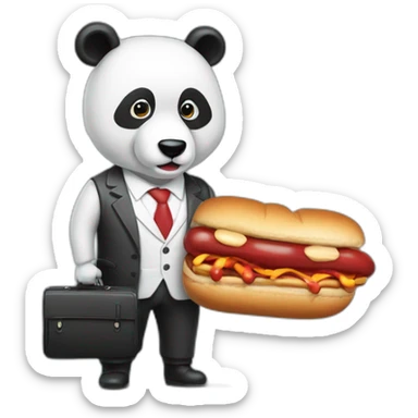 A professor with white suit and red tie and a panda face eating a hotdog and holding a black suitcase sticker