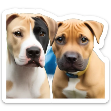 Black mouth cur puppy next to black and white smiling pit bull sticker