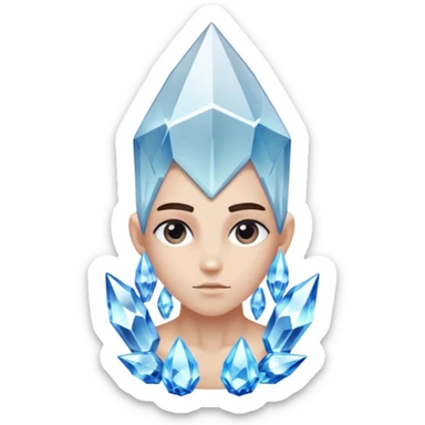 A single crystal character inspired by a clear quartz cluster, chunky base with many tall transparent crystal spikes growing upward all around it with a face sticker