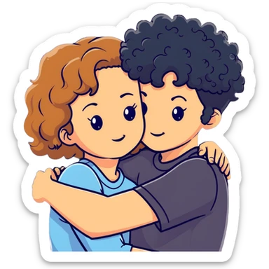 girl with long light brown hair and pale skin hugging a boy with short black curly hair and tanned skin sticker