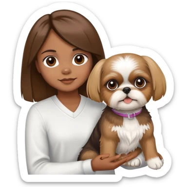 A girl with brown hair and brown eyes with straight hair holding a cute brown and a little blonde shih tzu  sticker