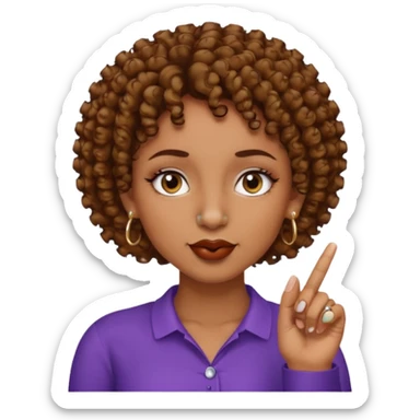 faça uma mulher com o cabelo curtinho cacheado com piercing no nariz e brincos e o dedo indicador no canto da boca morena, faça igual a segunda foto só que com o dedo na  boca mesmo  sticker