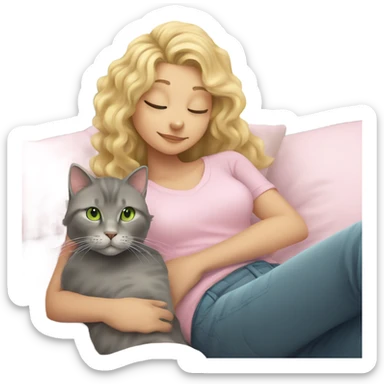 Grey cat with a blonde girl with curly hair and green eyes in light pink shirt relaxing on a bed sticker