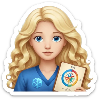 A long wavy haired blonde girl with blue eyes holding a astrology natal chart. sticker