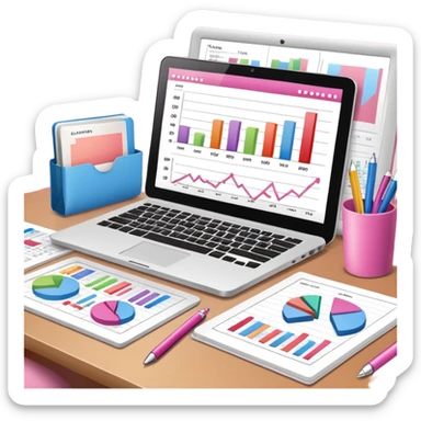 computer on a desk with papers, notes, notebook and pens showing data analysis stuff on it pink sticker