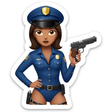 A sexy girl. with caramel skin. Dark brown hair and brown eyes. She has freckles. Wearing sexy makeup. Dressed as a sexy cop. wearing lingerie. Wearing heels. Holding a gun sticker