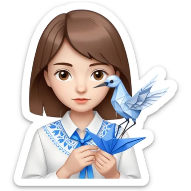 A Ukrainian young girl with brown hair wearing a white embroidered shirt holds an origami blue crane sticker