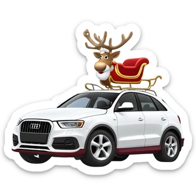 A white Audi Q3 as Santa Claus’s modern sleigh, harnessed to a reindeer with a red bridle and golden bells, set in a snowy winter scene. sticker