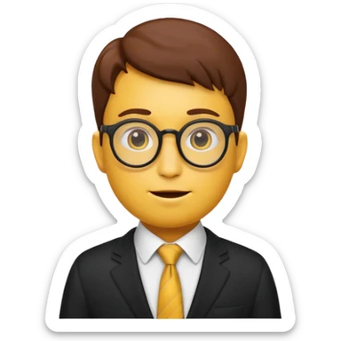 emoji character with the classic nerd emoji head (yellow round face, large brown glasses, buck teeth, freckles). The body is human-like, dressed in an elegant black suit with a tie, in a thoughtful and philosophical pose —  sticker