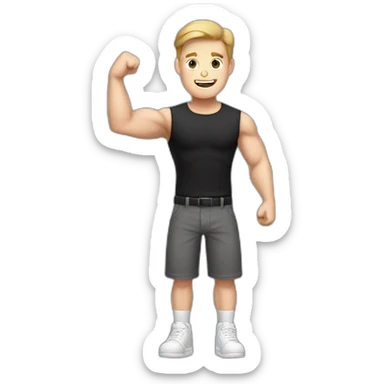 To belt Actively gesturing with hands Pale skinned Fit Man With the biceps and light brown hair in black shirt, gray sports shorts and white Sneakers sticker
