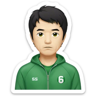 Seong Gi-hun : age 60, small mouth, slim man with messy, unkempt black hair, Green player tracksuit,  sticker