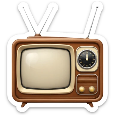 Vintage television from the 1960s with wooden cabinet, antenna, and round dials sticker
