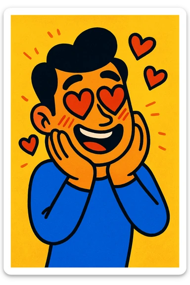 cartoon man with heart eyes, blushing with love, vibrant toon style sticker