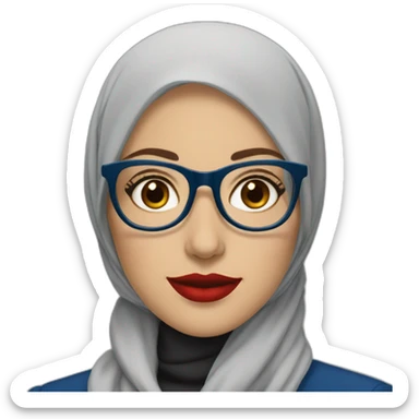 Hijabi white woman with glasses and brown eyes wearing a blue suit and red lipstick sticker