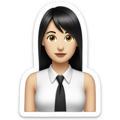 white female bangs black straight hair white shirt black tie sticker